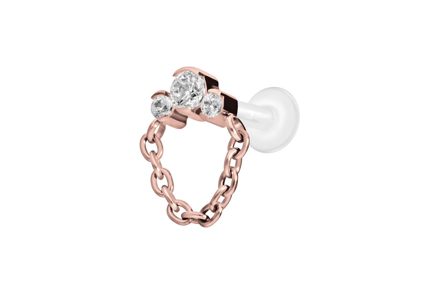 PTFE Labret Piercing mit Innengewinde + Titan-Aufsatz 3 EINGEFASSTE KRISTALLE + KETTE